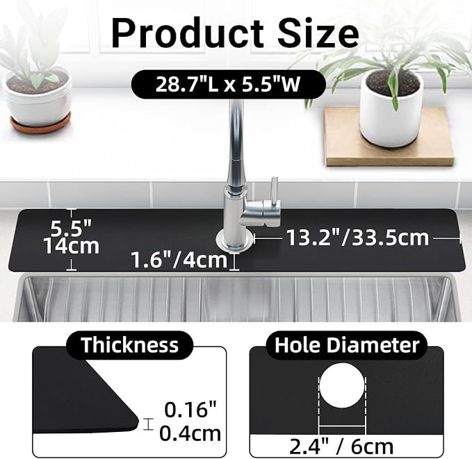 LOPNUR Cuttable Faucet Mat for Kitchen Sink, Extra Long 29 Inch, Black | Super Absorbent & Fast Dry Diatomite Sink Splash Guard, 0.8-2.4 Inch Adjustable Faucet Hole, Cut to Fit Bathroom & RV Sinks - Image 2