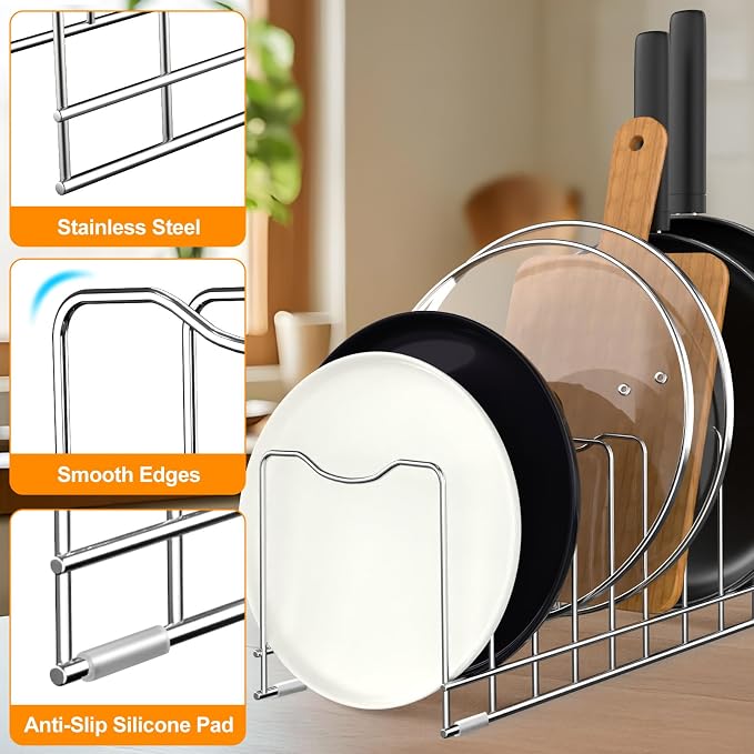 FLSEPAMB Lid Organizer Pot Lid Organizer 10-Tier Pot Lid Rack Holder Suitable for Bakeware Dish Plate, Cutting Boards, Pots & Pans, Serving Trays, Reusable Containers in Cabinet Pantry (1 Pack) - Image 2