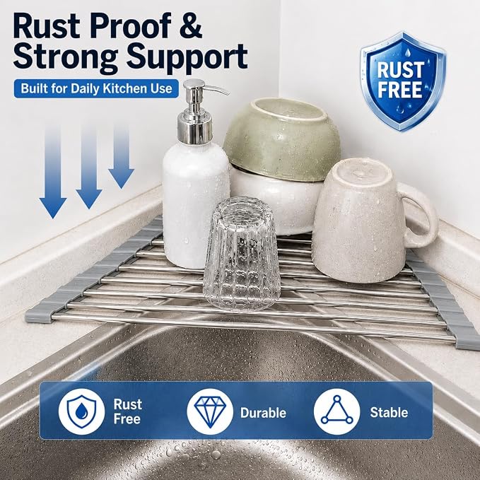 Triangle Roll Up Dish Drying Rack Over Sink, Silicone Wrapped Anti Slip Sink Organizer, Rust Proof Corner Dish Rack, Foldable Heat Resistant Kitchen Sink Organizer for Small Kitchens - Image 5