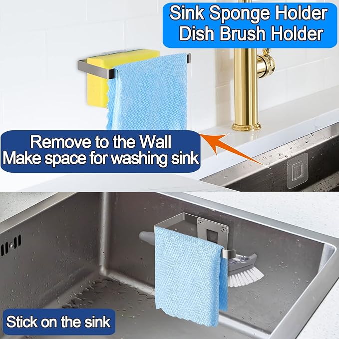 GAViA Sink Caddy, Stainless Steel Removable Sponge Holder for Kitchen Sink | 2-in-1 Sponge holder,Dish Cloth Hanger,Rustproof,In-Sink,Wall Hanging,Adhesive,Self Drain Sink Organizer Rack,Silver - Image 5