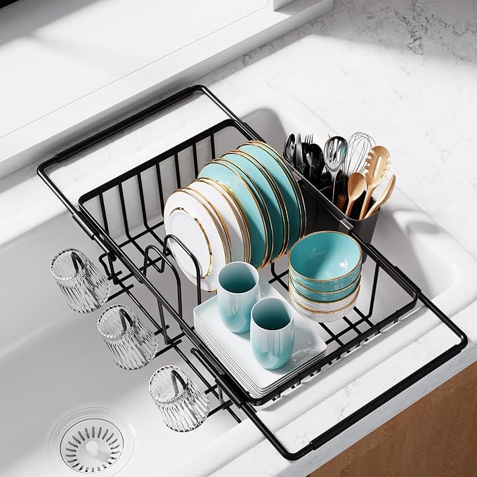 Sakugi Dish Drying Rack in Sink - Expandable Stainless Steel Dish Rack Over The Sink, Kitchen Sink Drain Strainer with Cutlery Holder & Cup Holders, 15.4 x 11.3 x 6.6 Inch, Black by Sakugi