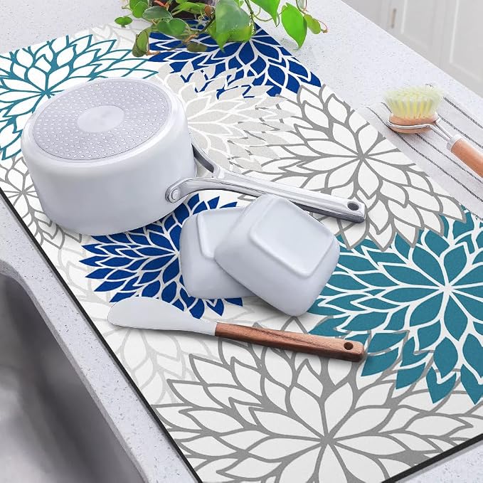 Findosom 2PCS 12" x 20" Dish Drying Mat & 24" x 5.5" Sink Splash Guard, Super Absorbent & Cuttable Dish Mat Drying Kitchen Mat with Blue Floral, Hide Stain Drying Mat for Kitchen Counter - Image 7