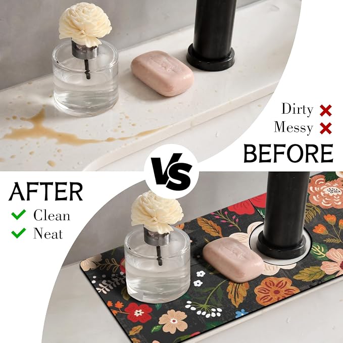 Boho Black Flowers Kitchen Sink Splash Guard Faucet Mat,Faucet Non-Slip Absorbent Mat,Farmhouse Sink Splash Guard Behind Faucet for Kitchen Bathroom, 15"x5.5" - Image 3