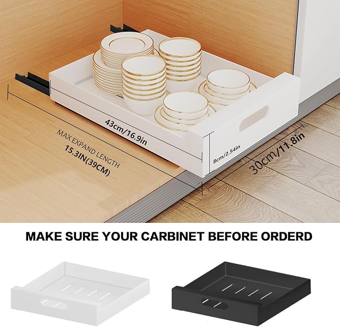 bealy 1 Pack Pull Out Cabinet Organizer Adhesive, 12'' W x 16.9" D x 3.1'' H Heavy Duty Carbon Slide Out Pantry Shelves, Sliding Drawer Pull Out Pantry Shelves for Kitchen, Living Room, Home - Image 3