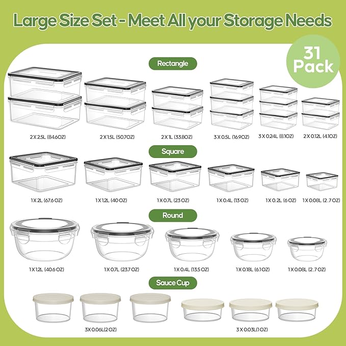 62 PCS Large Food Storage Containers with Lids Airtight Reusable Plastic | With 31 Lids & 31 Containers- Leakproof Meal-Prep Container for Kitchen Storage Organization Microwave/Dishwasher Safe - Image 2