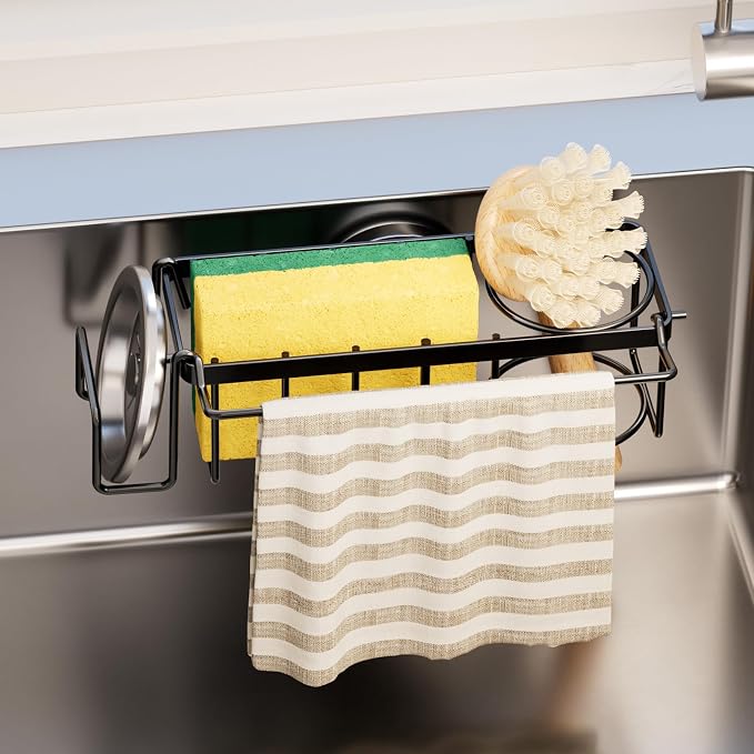 TAILI 4-in-1 Sink Sponge Holder for Kitchen with Strong Suction Cup-Black | Removable Sink Caddy with Suction Cup, Rustproof 304 Stainless Steel Multi-compartment Sink Organizer for Sponge, Brushes by TAILI