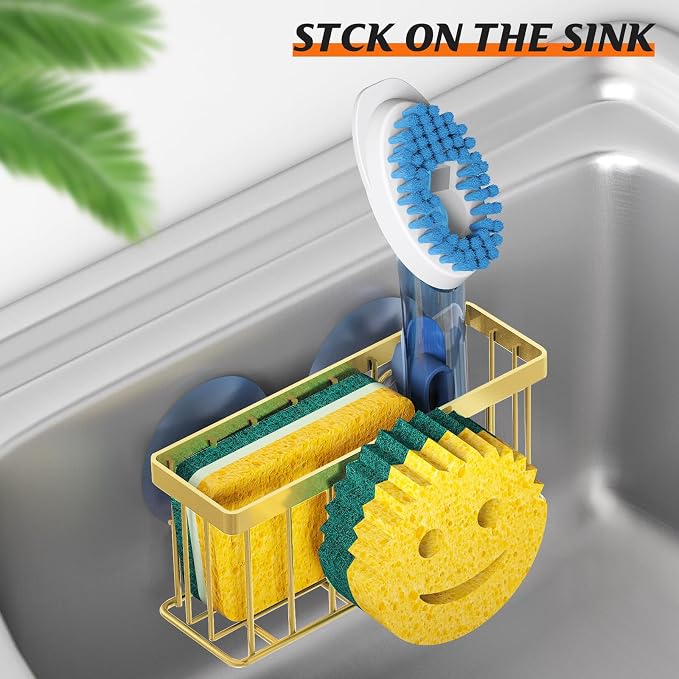 MURLONG Sponge Holder Smiley Face, Sink Caddy for Kitchen Sink, Sink Organizer Sponge Holder with 2 PCS Suction Cups/1 PCS Adhesive Strips, Designed for Sponge, Soap, Dish Brush, Scrubber-Gold - Image 5