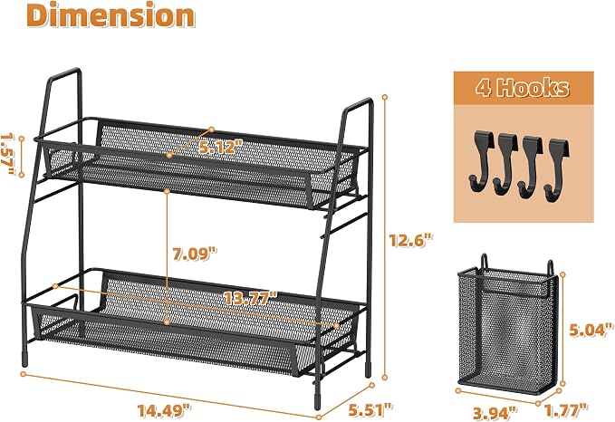 VITVITI 2 Tier Bathroom Countertop Organizer, Vanity Storage Shelf, Black | Bathroom Counter Organizer, Vanity Makeup Tray Shelf, Kitchen Spice Rack, Metal Wire Mesh, with Basket Hooks - Image 6