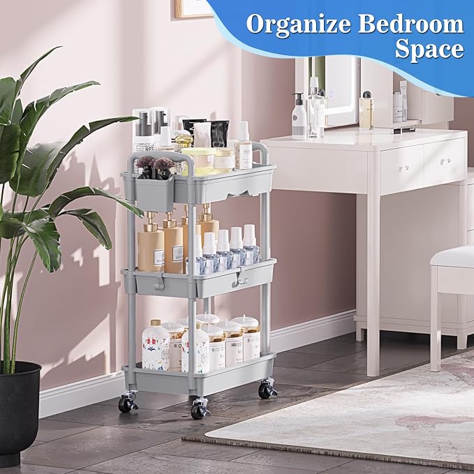 SUNALLY 3 Tier Rolling Cart with Drawer, Craft Storage Cart Organizer, Gray | Bathroom Storage Organizer with 2 Lockable Wheels, Rolling Utility Cart for Kitchen, Office, Baby, Makeup, Nail,Snack,Laundry - Image 6