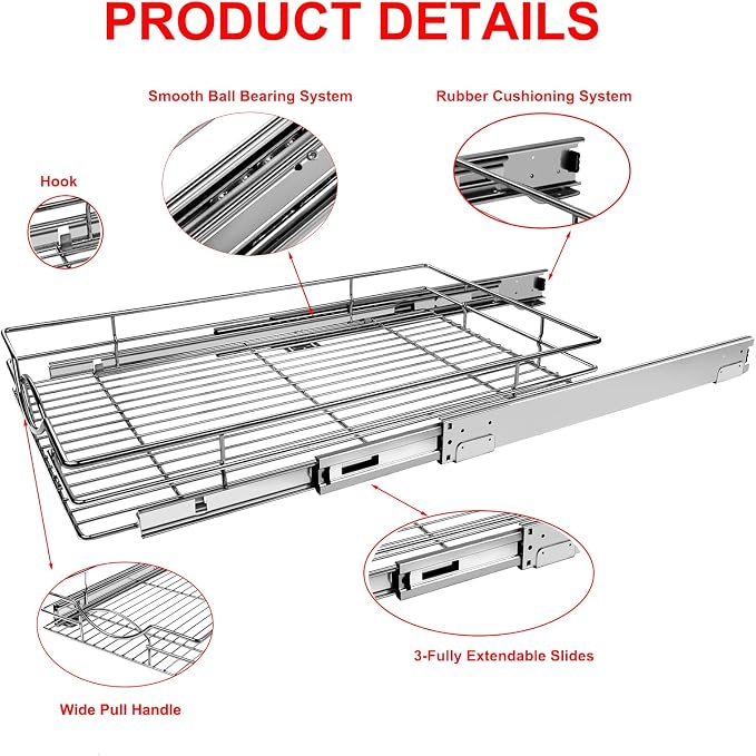 Sikarou Pull Out Cabinet Organizer 20" W x 21" D, Heavy Duty Kitchen Cabinet Pull Out Shelves, Slide Out Wire Basket for Kitchen Cabinets, Bathroom, Pantry, Chrome Finish - Image 4