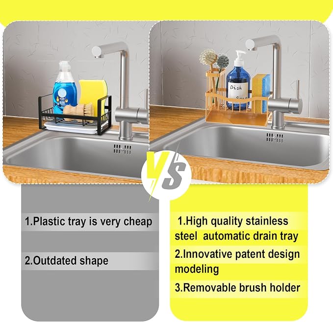 Fssvcd Maifan Sink Caddy Sponge Holder for Kitchen with Brush Holder and Stainless Steel Self Drain Tray, Rustproof Kitchen Sink Organizer for Sponge, Soap Dispenser Storage Accessories - Image 4