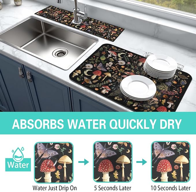Dish Drying Mat for Kitchen Counter Matt, 2PCS 19"x12" Dish Drainer Mat & 24"x5.5" Sink Splash Guard, Super Absorbent Non-slip Rubber Backed - Image 3