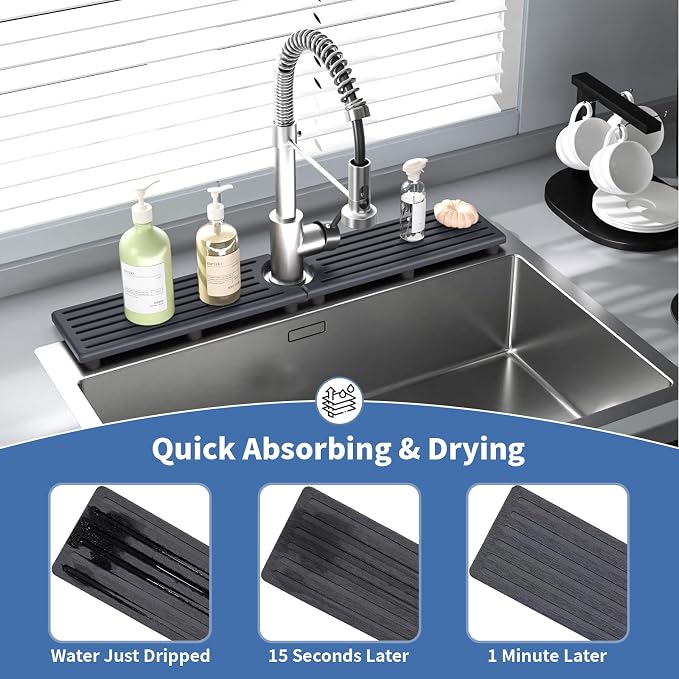 Faucet Mat for Kitchen Sink, Water Absorbent Kitchen Faucet Mat, Durable Sink Splash Guard with Raised Feet, Diatomite Fast Drying Kitchen Sink Faucet Mat, Stone Drying Tray for Bathroom Counter - Image 5