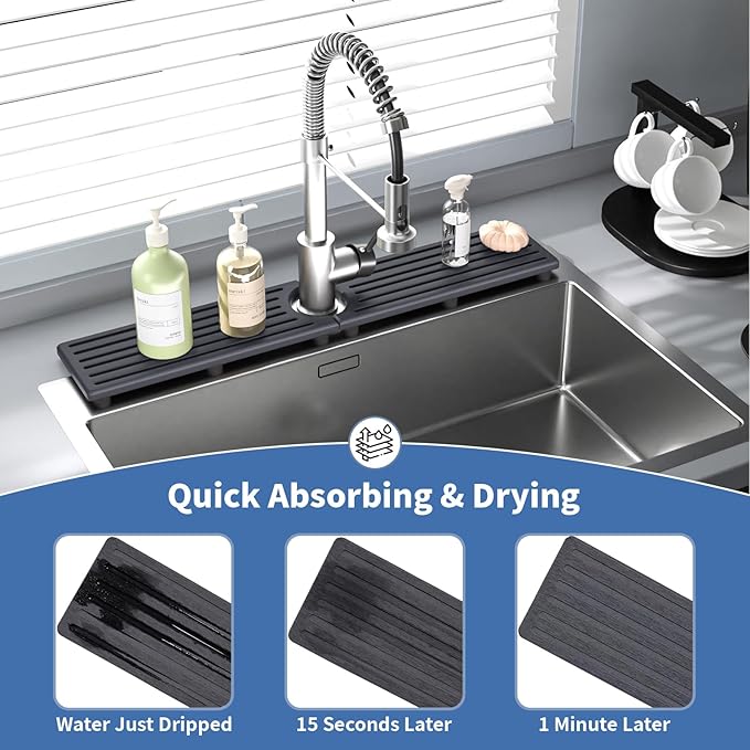 Stone Faucet Mat for Kitchen Sink, Water Absorbing Sink Water Splash Guard, Fast-Drying Kitchen Sink Faucet Mat, Durable Protector and Stone Drying Mat for Kitchen Counter & Bathroom Sink - Image 5