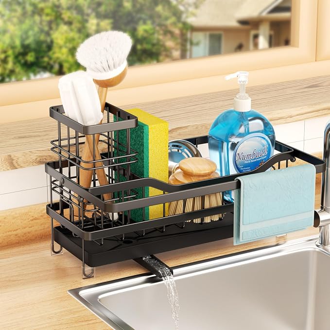 Sponge Holder for Kitchen Sink, Self-draining Sink Organizer with Towel Rack and Brush Holder, Metal Kitchen Sink Organizer for Countertop, Black by GUUKAR