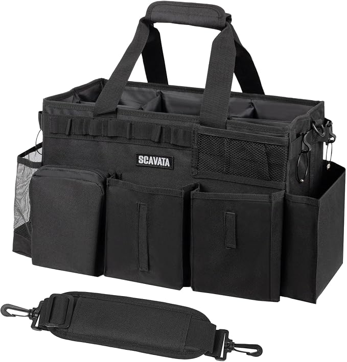 SCAVATA Wearable Cleaning Caddy Bag, Supplies Organizer with Handle & Shoulder Straps for Housekeepers, Under Sink & Car Cleaning Tool Organizer with 4 Foldable Dividers (Black) by Tidyyourlife