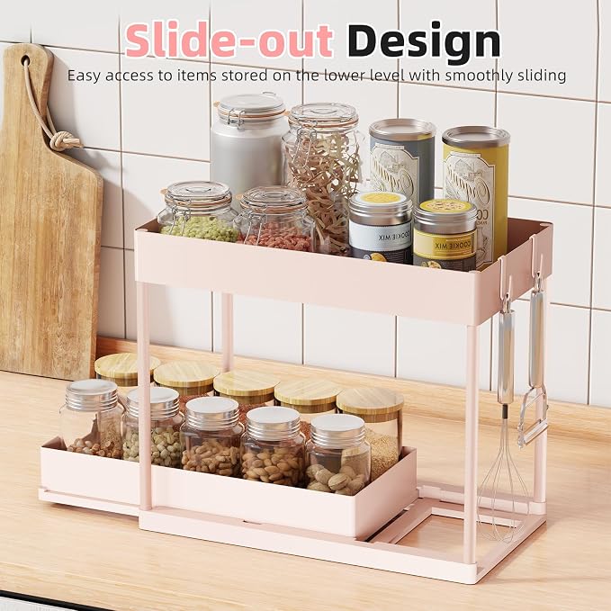 Simple Trending Under Sink Organizer 2 Pack, with Sliding Drawer, Pink | 2-Tier Multi-Use Under Shelf Organizer with Hooks, Sink Pull-Out Sliding Storage Cabinet for Kitchen Bathroom, Easy Assembly - Image 4