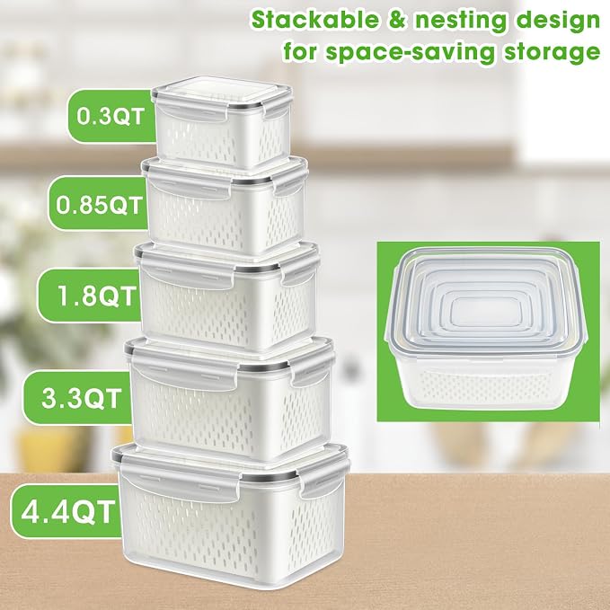 TBMax Fruit Storage Containers for Fridge Organizers and Storage, 10 Pieces Large Produce Saver with Airtight Lid & Colander for Berry Lettuce Salad Vegetable Storage, Refrigerator Organizers - Image 2