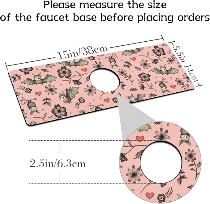 Halloween Kitchen Sink Splash Guard Faucet Mat,Pink Bats Flower Halloween Faucet Non-Slip Absorbent Mat,Farmhouse Sink Splash Guard Behind Faucet for Kitchen Bathroom,15"x5.5" - Image 2