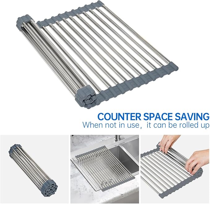 CHIRISEN Expandable Large Roll Up Dish Drying Rack 18 Tube 21.25x12.79''Collapsible Over The Sink Rack Non-Slip Silicone Rolling Dish Drainer Stainless Steel Roll Rack for Kitchen Sink Counter (Gray) - Image 5
