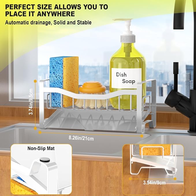 Stainless Steel Kitchen Sink Caddy Organizer with Auto Drain Tray, Sponge Holder for Countertop Storage (White) - Image 6