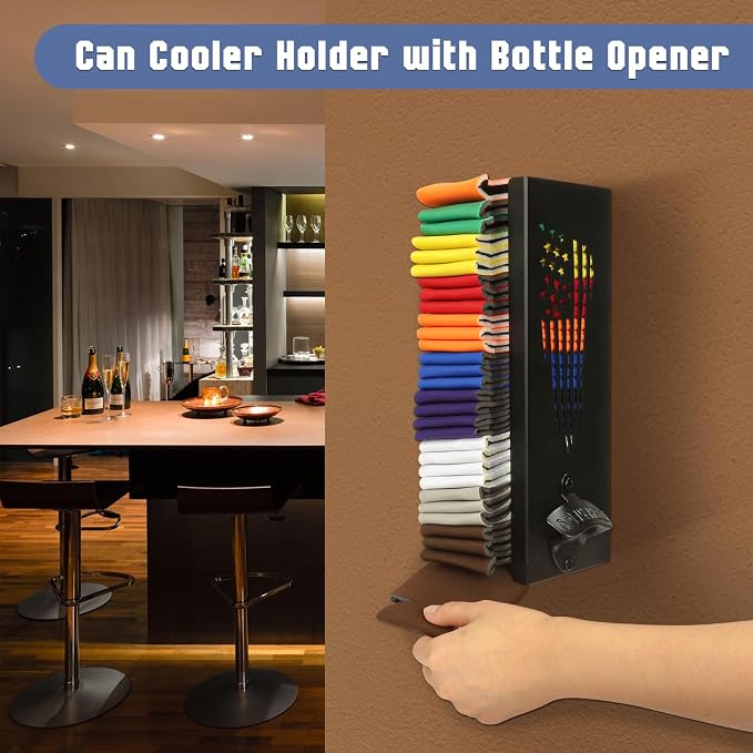 CRAKTH Can Cooler Holder with Bottle Opener, Beer Can Sleeves Organizer | Space-Saving Storage, Metal Wall Mount Dispenser, Holds 30 Standard Can Coolers, Home/Garage Bar, Man Cave, Gift for Dad Men - Image 3