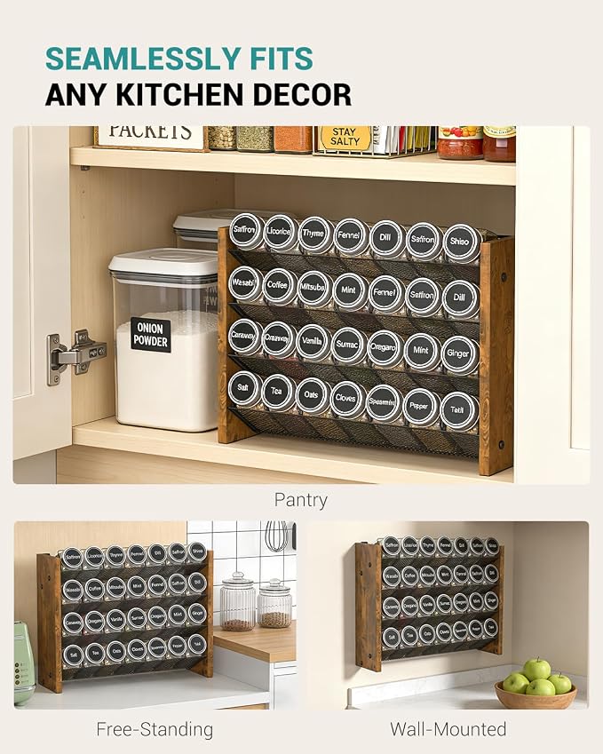 Spice Rack Organizer for Cabinet, Seasoning Organizer Wall Mount Countertop | Holds 28 Standard 4 oz Jars, Fits Bottle Under 1.8 in Wide, Kitchen Countertop Shelf, No Jars Included, 14"W x 9.4"H, Brown - Image 6