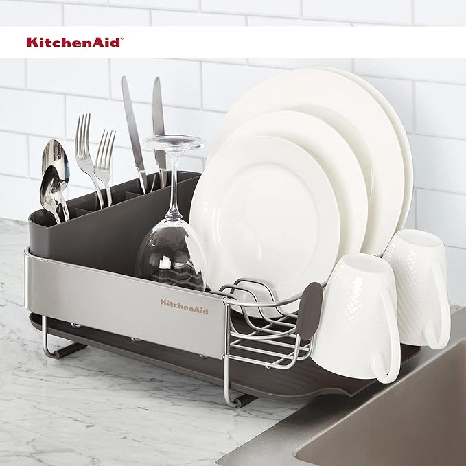 KitchenAid Compact, Space Saving Rust Resistant Dish Rack with Removable Flatware Caddy and Angled Self Draining Drainboard, 16.06-Inch, Black - Image 6