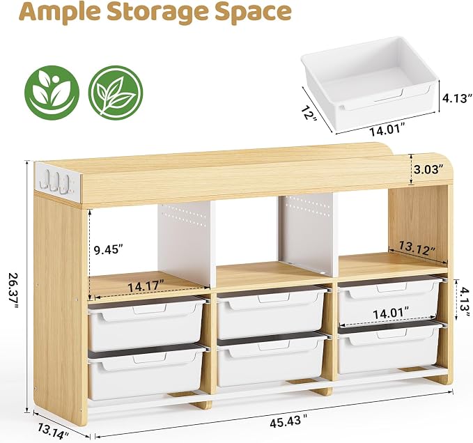 Classroom Storage Organizer with 6 Bins, 3 Shelves and Pegboard, White | 6 pull-out bins, 3 open cubbies, child-height access, easy-clean storage for Kid room,playrooms, classrooms and craft rooms - Image 2