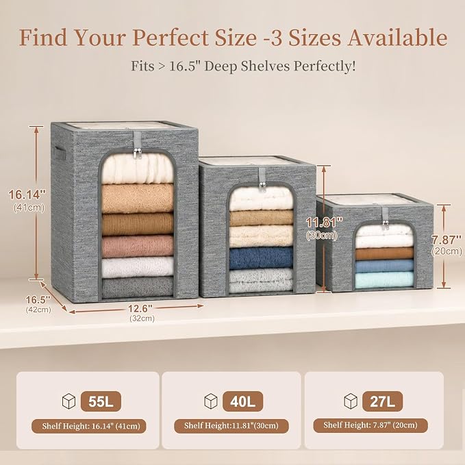 GoMaihe Baby Clothes Storage Bins with Metal Frame 27L 3-Pack Grey | Kids Toddler Child Clothing & Towels Small Items, Closet Top Shelf Boxes, Collapse-Proof Stackable, Clear Window Dual Access - Image 5