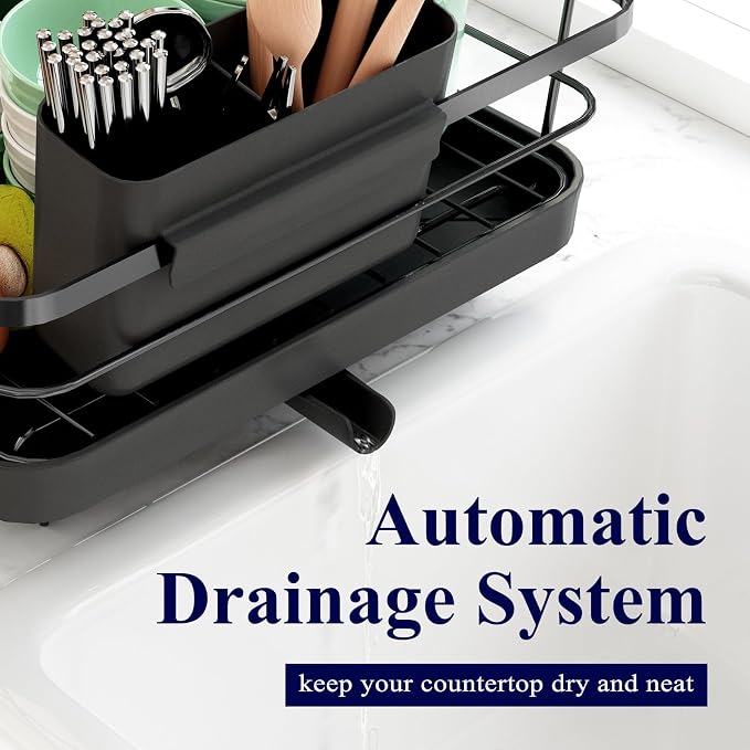 Kitsure Dish Drying Rack for Kitchen Counter, 12.2''W x 15.7''~23''L, Black | Stainless Steel Sink Organization, Cutlery Holder, Home and Appartment Decor - Image 7