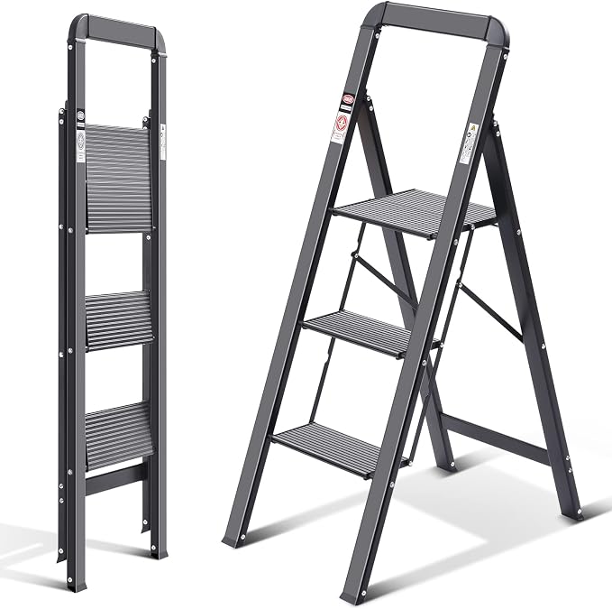KINGRACK Aluminium 3 Step Ladder, Lightweight Step Stool with Non-Slip Pedals, Handrail, 330 LBS Foldable Step Ladder for Kitchen, Garage, Home, Space Saving, Sturdy and Portable, Black - Image 8