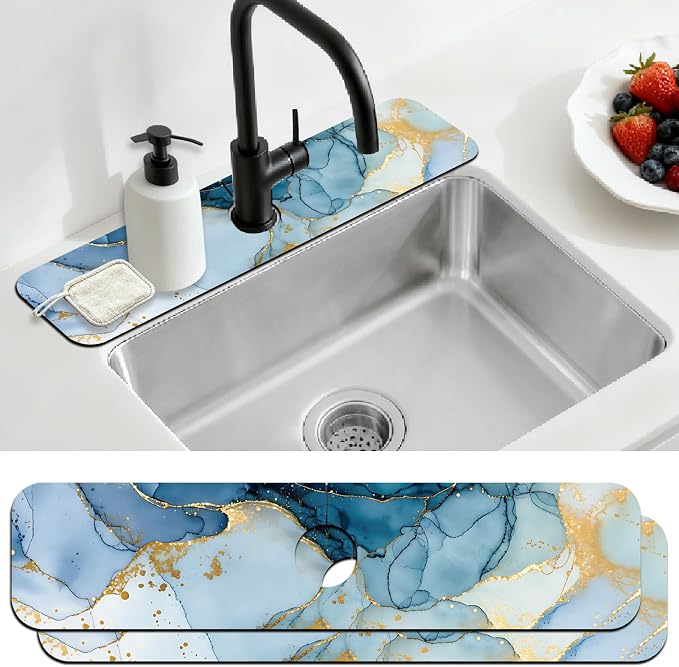 2 Pcs Marble Texture Kitchen Sink Splash Guard Faucet Mat | Marble Texture Faucet Mat for Sinks Absorbing Drying Mat for Kitchen Bathroom, 23.6x5.5inch by CONCHLERY%E6%97%97%E8%88%B0%E5%BA%97