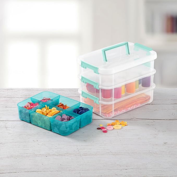 Sterilite 6 Pack Plastic Storage Box Container, 3 Layer, Stack and Carry, Clear/Blue - Image 8
