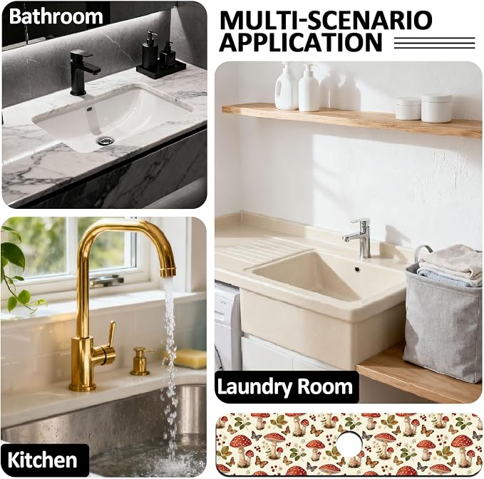 2 Pcs Plants and Mushrooms Kitchen Sink Splash Guard Faucet Mat Leaves Butterfly Faucet Mat for Sinks Absorbing Drying Mats for Kitchen Bathroom, 23.6x5.5inch - Image 7