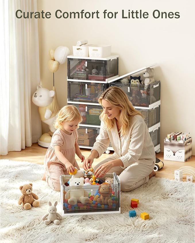 23QT Stackable Storage Bins with Lids and Wheels, 4 Tier 92QT Foldable Plastic Storage Drawers with Magnetic Doors, 4 Pack Collapsible Closet Organizer for Bedroom Office, Clear Gray - Image 4