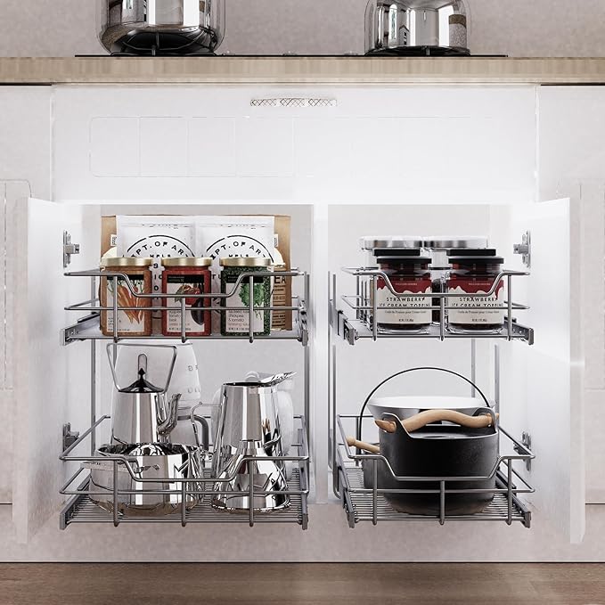2 Tier Pull Out Cabinet Organizer 21" W X 22" D, Chromed, Full Slide Out | For Kitchen Organizers and Storage, Pull Out Drawers For Cabinets Capacity Heavy Duty Caddy, Cabinet Shelves, Bathroom Pantry - Image 5