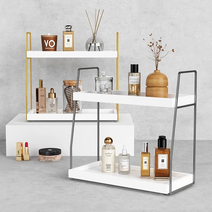 Forbena 2 Tier Bathroom Counter Organizer, White and Grey Coffee Bar Organizer for Countertop, Wood Shelf Tray for Vanity Makeup Storage, Small Kitchen Sink Top Organizers for Coffee Bar Station - Image 6