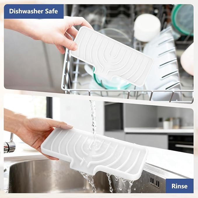 JACZZO Silicone Sponge Holder for Kitchen Sink With Drain Spout, Self Draining, Kitchen Soap Tray, Bathroom Organizer, Sink Caddy (White, 10" x 4") - Image 6