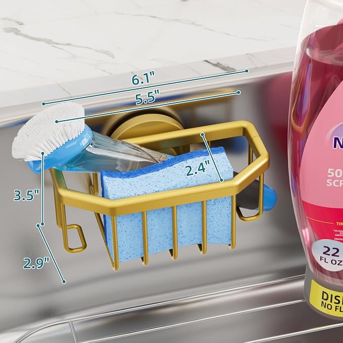 TAILI Sponge Holder for Kitchen Sink with Strong Suction Cup-Gold | Removable Sink Caddy for Kitchen Sink Oganizer, Rustproof Aluminum Sink Sponge Holder for Scraper Brushes, Stoppers - Image 3