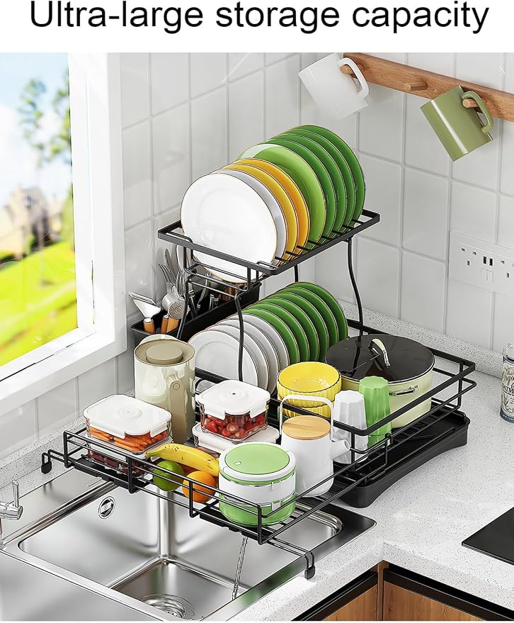 Expandable 2-Tier Dish Drying Rack Over the Sink, Large Capacity | Foldable rustproof coated metal; expands over sink; 2-tier large capacity for plates, bowls, glasses, pan and utensils. - Image 8