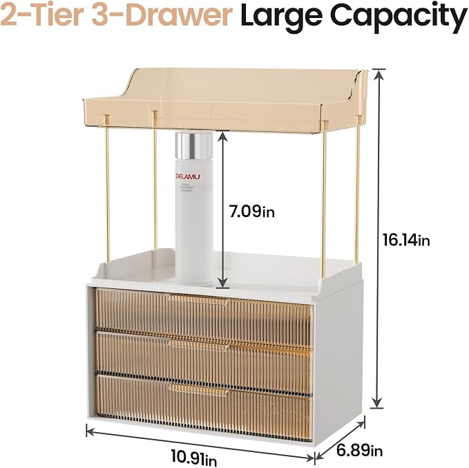 Delamu 5-Tier Makeup Organizer, Bathroom Counter Storage, 3 Drawers, Amber | Elegant Vanity Organizer Gift for Women, Holds Perfume, Skincare, Nail Polish & Hair Accessories for Bathroom Countertop - Image 2