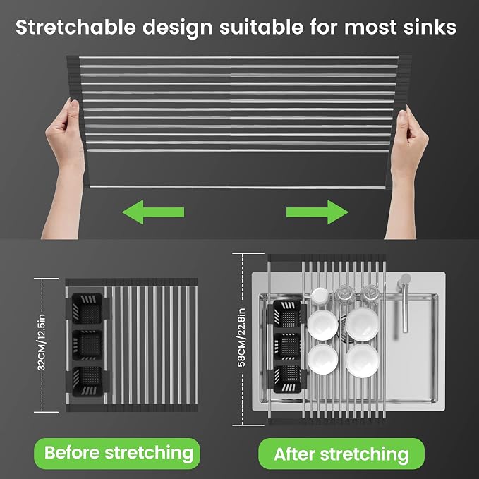 Black Expandable Roll Up Dish Drying Rack Up to 22.8''with 2 Storage Baskets,Over The Sink Kitchen Rolling up Dish Drainer Drying Rack , Foldable,Rollable,for Kitchen Dishes(Expandable Width Size) - Image 3