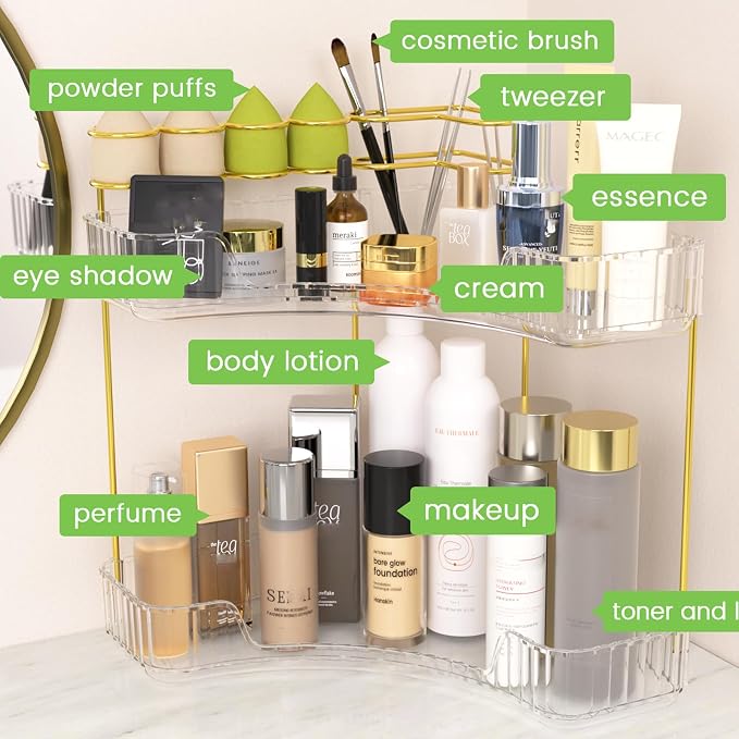 Makeup Organizer 2-Tier Bathroom Counter Organizer with Makeup Brush Holder | Corner Bathroom Organizer Countertop, Acrylic Counter Storage for Bathroom Dresser, Skincare Perfume Organizer-Clear - Image 5
