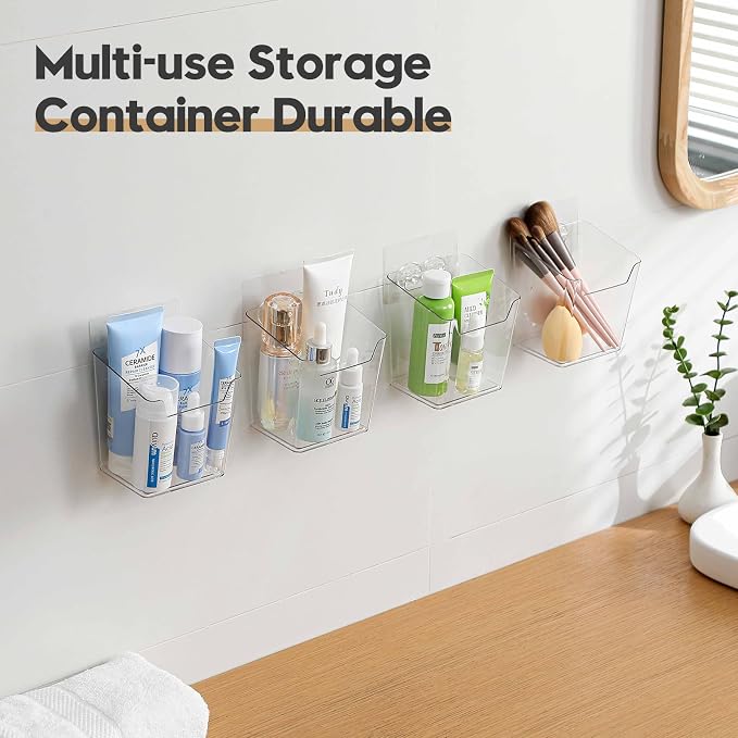 8-Pack Adhesive Cabinet Door Organizer Bathroom, Hanging Storage Bins, Stick on Wall Storage Container, Floating Bins Wall Mounted Organizer Under Sink Caddy for Kitchen Pantry Storage, Office, Dorm - Image 3