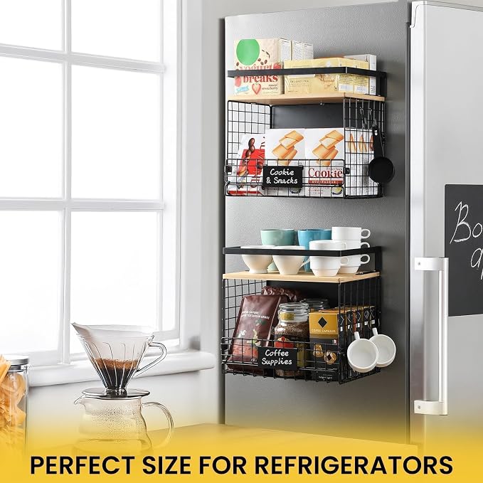[WIDER SHELF] 1 SET Strong Magnetic Shelf Basket for Fridge with Tag & Bamboo Top, XXL Large Magnetic Spice Rack Shelves for Side of Refrigerator, Kitchen Pantry Storage Organizer for Food Fruit Veg - Image 6