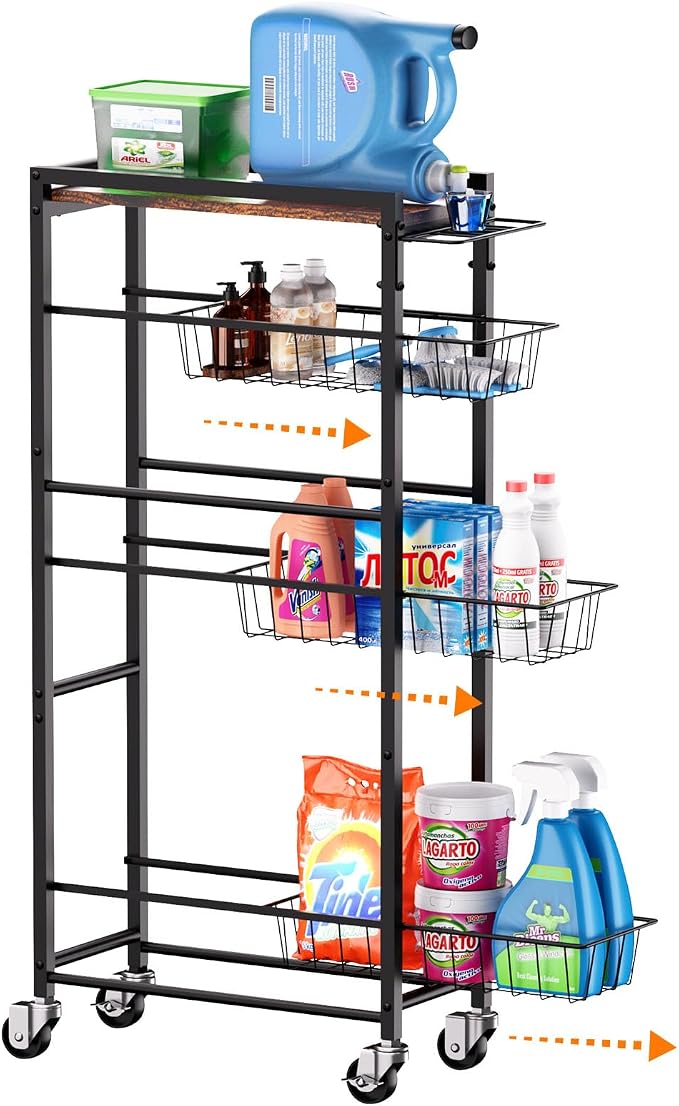 4 Tier Slim Rolling Storage Cart with Pull-Out Baskets, Narrow Sliding Storage Slim Laundry Rolling Cart Between Washer and Dryer by OrganizedStorageSimpleLife