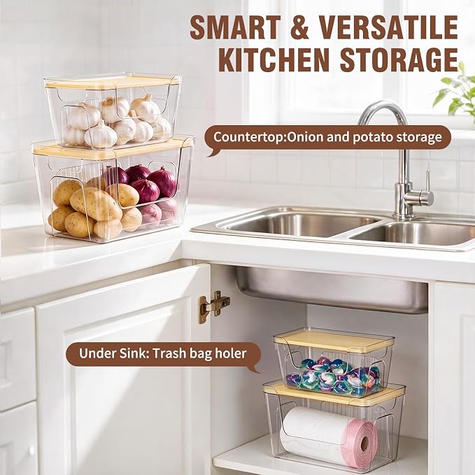 ONEDONE Pantry Organizers and Storage - 2 Set Potato and Onion Storage Bin | Stackable Trash Bag Dispenser,Clear Storage Bins for Onion Potato Fruit,Garbage Bag Dispenser,Kitchen Under Sink Organizer - Image 5