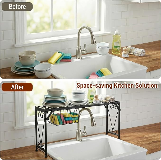 MyGift Expandable Black Metal Over Sink Shelf with Pull Out Drawer | Kitchen & Bathroom Organization, Countertop Space Saver, Adjustable Design, Hidden Drawer, Decorative Scrollwork Accent - Image 4