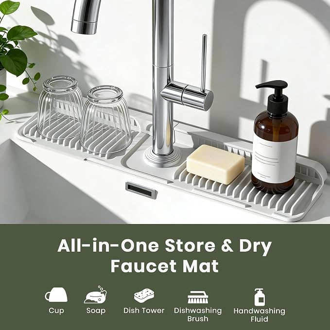 24 Inch Faucet Mat for Kitchen Sink, Silicone Splash Guard for Kitchen Sink Area, 7° Slope Fast Self-Draining Sink Mat, Cuttable Hole Design, Sink Backsplash Guard Draining Mat, Grey - Image 4